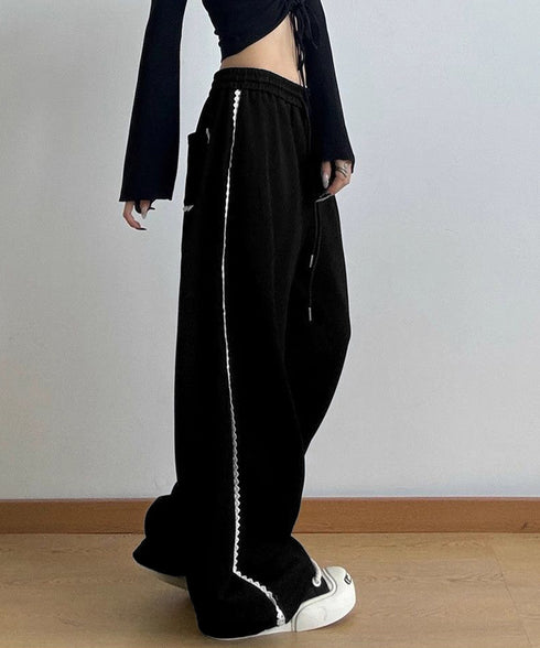 スウェットパンツサイドレースラインパンツ レディース ハイウエスト リラックスパンツ ウエストゴム ワイドパンツ ゆったり イージーパンツ 体型カバー ズボン秋冬 24BDMS-017